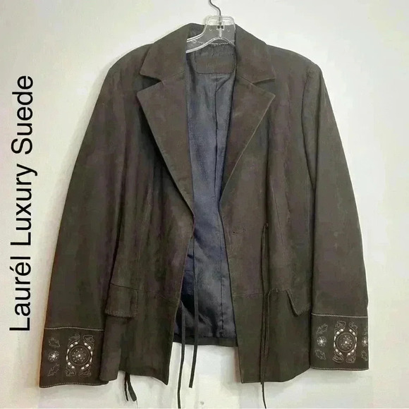 Laurél Brown Suede Coat  Blazer Embroidered Luxury - Picture 1 of 15